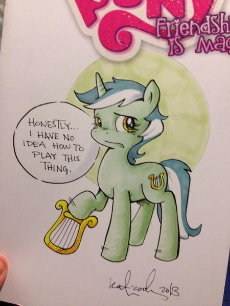 Size: 852x1136 | Tagged: safe, artist:katiecandraw, derpibooru import, lyra heartstrings, katie does it again, lyre, solo