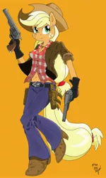 Size: 1896x3152 | Tagged: anthro, applejack, artist:amostheartman, derpibooru import, dual wield, fallout, fallout: new vegas, gun, gunslinger, no trigger discipline, plantigrade anthro, revolver, rose of sharon cassidy, safe, simple background, solo, weapon