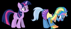 Size: 2050x856 | Tagged: safe, artist:rammbrony, artist:sircinnamon, derpibooru import, edit, trixie, twilight sparkle, twilight sparkle (alicorn), alicorn, pony, unicorn, rainbow falls, cheerleader, cheerleader trixie, clothes, eyes on the prize, female, lesbian, mare, presenting, shipping, show accurate, skirt, twixie, upskirt, vector