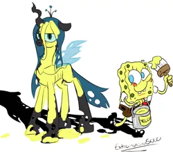 Size: 1436x1264 | Tagged: safe, artist:extremeasaur5000, derpibooru import, queen chrysalis, crossover, image, jpeg, paint, paint on chitin, queen chrysalis is not amused, spongebob squarepants, spongebob squarepants (character)