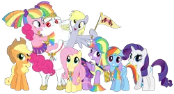 Size: 12000x6474 | Tagged: safe, artist:masem, derpibooru import, applejack, bulk biceps, derpy hooves, fluttershy, pinkie pie, rainbow dash, rarity, twilight sparkle, twilight sparkle (alicorn), alicorn, earth pony, pegasus, pony, unicorn, rainbow falls, absurd resolution, cheerleader, cheerleader pinkie, cheerleader sparkle, female, flag, male, mane six, mare, medal, ponyville flag, simple background, skirt, stallion, transparent background, vector, wonderbolt badge