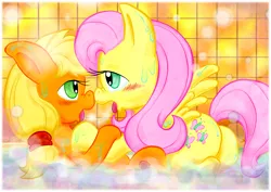 Size: 1123x793 | Tagged: suggestive, artist:escopeto, derpibooru import, applejack, fluttershy, earth pony, pegasus, pony, appleshy, bath, blushing, boop, bubble, butt, drool, drool string, eye contact, female, kissing, lesbian, looking at each other, missing accessory, noseboop, open mouth, panting, plot, shipping, sloppy kissing, tongue out, wet