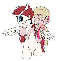 Size: 500x512 | Tagged: artist:xioade, blushing, cute, derpibooru import, ear bite, eyes closed, female, hug, hug from behind, lauren faust, lesbian, meghan mccarthy, nom, oc, oc:fausticorn, ponies riding ponies, ponified, raised hoof, safe, shipping, simple background, smiling, spread wings, staff shipping, transparent background, wink