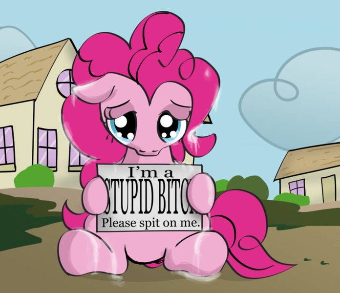 Size: 960x828 | Tagged: abuse, artist:ohohokapi, derpibooru import, drool, humiliation, pinkiebuse, pinkie pie, punishment, semi-grimdark, sign, solo, spit, vulgar, wat