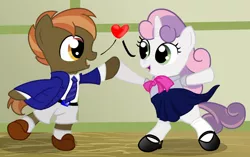 Size: 1280x805 | Tagged: safe, artist:ohohokapi, deleted from derpibooru, derpibooru import, button mash, sweetie belle, pony, bipedal, buttonbetes, clothes, cute, diasweetes, dress, female, heart, male, necktie, shirt, short, straight, sweetiemash