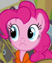 Size: 320x388 | Tagged: safe, derpibooru import, edit, pinkie pie, pony, pinkie apple pie, animated, female, frown, inverted mouth, lifejacket, mare, nope.avi, reaction image, solo