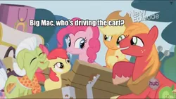 Size: 960x540 | Tagged: safe, derpibooru import, edit, edited screencap, screencap, apple bloom, applejack, big macintosh, granny smith, pinkie pie, earth pony, pony, pinkie apple pie, caption, female, filly, image macro, male, mare, stallion