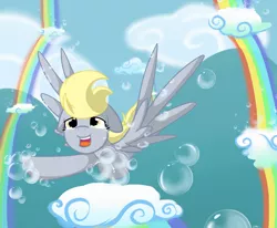 Size: 1700x1400 | Tagged: safe, artist:lilliesinthegarden, derpibooru import, derpy hooves, pegasus, pony, rainbow falls, bubble, cloud, cloudy, crying, cute, female, floppy ears, flying, mare, open mouth, rainbow, sky, smiling, solo, spread wings