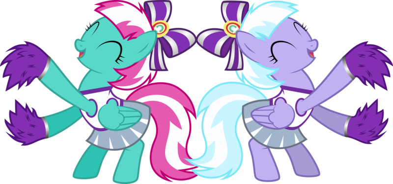 Size: 7456x3500 | Tagged: artist:atmospark, cheerleader, derpibooru import, duo, duo female, female, lilac sky, rainbow falls, safe, simple background, skirt, spring step, sunlight spring, transparent background, vector