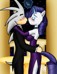 Size: 1224x1589 | Tagged: artist:sonigoku, blushing, clothes, crossover shipping, derpibooru import, dress, evening gloves, formal, gem, kissing, necklace, pearl, pearled necklace, rarity, safe, silvarity, silver the hedgehog, sonic the hedgehog (series), tuxedo