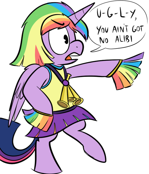 Size: 600x700 | Tagged: dead source, safe, artist:karpet-shark, derpibooru import, twilight sparkle, twilight sparkle (alicorn), alicorn, pony, twily-daily, rainbow falls, bipedal, cheerleader, cheerleader sparkle, daphne and celeste, female, mare, skirt, solo, song reference, u.g.l.y.