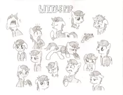 Size: 1016x786 | Tagged: safe, artist:teschke, derpibooru import, oc, oc:littlepip, unofficial characters only, pony, unicorn, fallout equestria, fanfic, black and white, blushing, clothes, cutie mark, expressions, eyes closed, fanfic art, female, floppy ears, glowing horn, grayscale, gun, handgun, hooves, horn, levitation, little macintosh, magic, mare, monochrome, open mouth, optical sight, pipbuck, revolver, simple background, smiling, solo, teeth, telekinesis, text, vault suit, weapon, white background