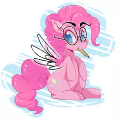Size: 816x794 | Tagged: safe, artist:hua, derpibooru import, pinkie pie, pegasus, pony, glasses, mouth hold, pencil, solo, wings