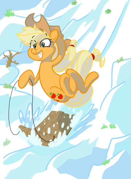 Size: 731x997 | Tagged: applejack, artist:amazingbutterfingers, derpibooru import, safe, sleigh, snow, solo, winter