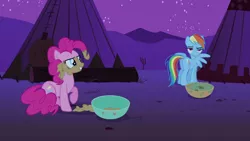 Size: 1920x1080 | Tagged: safe, derpibooru import, screencap, pinkie pie, rainbow dash, pony, over a barrel, appleloosa, bowl, faic, female, mare, night, out of context, plot, stars, tepee