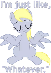 Size: 500x710 | Tagged: safe, artist:the-aziz, derpibooru import, derpy hooves, pegasus, pony, rainbow falls, caption, eyes closed, female, image macro, mare, reaction image, shrug, simple background, solo, transparent, transparent background