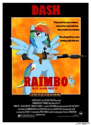 Size: 1209x1674 | Tagged: safe, artist:masterjosh140, derpibooru import, rainbow dash, pegasus, pony, bipedal, crossover, female, hub logo, mare, movie poster, parody, rambo, rambo dash, rocket launcher, rpg-7, signature, solo