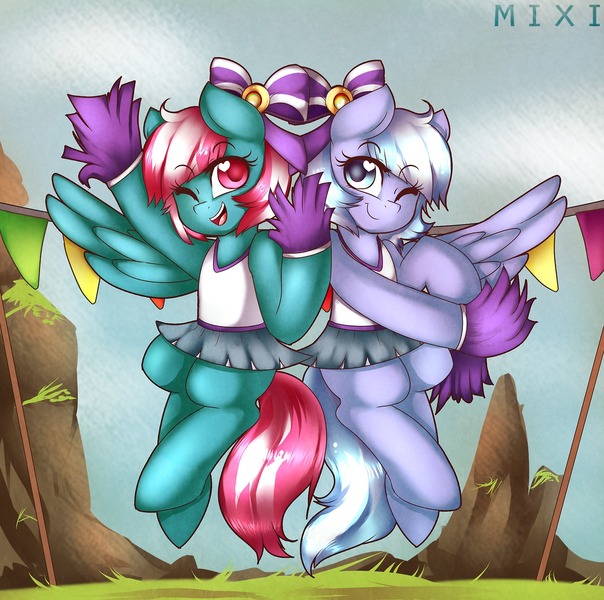 Size: 1280x1272 | Tagged: artist:mixipony, cheerleader, derpibooru import, lilac sky, rainbow falls, safe, skirt, spring step, sunlight spring, wink