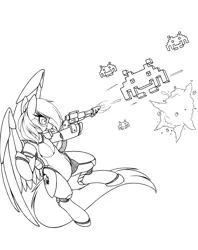 Size: 860x1088 | Tagged: artist:longinius, derpibooru import, grayscale, gun, monochrome, oc, robot, safe, solo, space invaders, taito, unofficial characters only