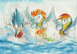 Size: 2312x1628 | Tagged: artist:souleatersaku90, commission, crossover, derpibooru import, flying, lake, lightning dust, rainbow dash, running, safe, sonic the hedgehog, sonic the hedgehog (series), the simple life, traditional art, water, watercolor painting