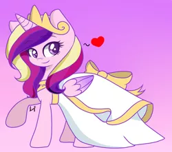 Size: 1280x1129 | Tagged: safe, artist:potatogirlivy, derpibooru import, princess cadance, alicorn, pony, clothes, dress, female, heart, raised hoof, smiling, solo, wedding dress