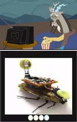 Size: 430x684 | Tagged: safe, derpibooru import, discord, cockroach, cyborg, exploitable meme, meme, obligatory pony, popcorn, tv meme, what has science done