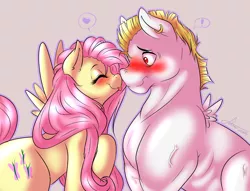 Size: 1280x980 | Tagged: safe, artist:fatcakes, derpibooru import, bulk biceps, fluttershy, pegasus, pony, :p, blushing, boop, exclamation point, eyes closed, female, flutterbulk, heart, male, mare, noseboop, raised hoof, shipping, smiling, spread wings, stallion, tongue out