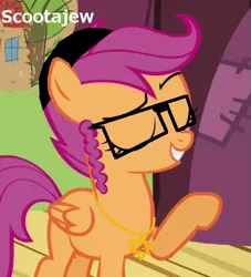 Size: 575x632 | Tagged: 1000 hours in ms paint, derpibooru import, edit, glasses, judaism, ms paint, safe, scootajew, scootaloo, solo, star of david