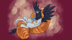 Size: 1024x576 | Tagged: safe, artist:countcarbon, derpibooru import, giselle, irma, gryphon, rainbow falls, background griffon, croissant, eating, solo
