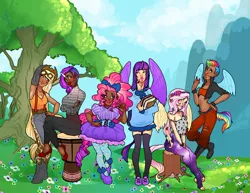 Size: 1280x989 | Tagged: applejack, artist:infected-ellis, chaps, dark skin, derpibooru import, fashion, feet, floral head wreath, fluttershy, galaxy leggings, goggles, harajuku tights, hippieshy, horned humanization, human, humanized, light skin, mane six, pinkie pie, rainbow dash, rarity, safe, suspenders, tailed humanization, twilight sparkle, twilight sparkle (alicorn), undercut, winged humanization