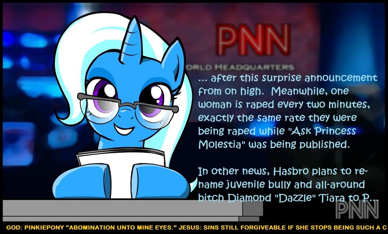 Size: 1217x737 | Tagged: questionable, derpibooru import, trixie, pony, unicorn, down with molestia, drama, exploitable meme, female, mare, meme, news meme, pinkiepony, pnn, solo, solo female, vulgar