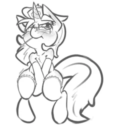 Size: 689x743 | Tagged: artist:leadhooves, blushing, chest fluff, clothes, derpibooru import, glasses, grayscale, monochrome, oc, oc:kneaded rubber, safe, solo, stockings, thermometer, unofficial characters only