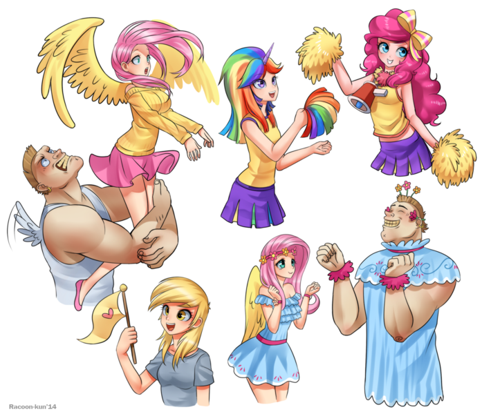 Size: 1600x1377 | Tagged: artist:racoonsan, breasts, bulk biceps, busty fluttershy, cheerleader, cheerleader sparkle, clothes, derpibooru import, derpy hooves, dress, female, fluttershy, horned humanization, human, humanized, implied flutterbulk, implied shipping, lifted up, lifting, light skin, pinkie pie, rainbow falls, roid rage, safe, scene interpretation, shipping fuel, sketch dump, skirt, sweater, sweatershy, tanktop, t-shirt, twilight sparkle, winged humanization