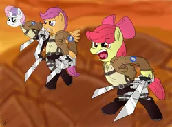 Size: 2566x1900 | Tagged: apple bloom, artist:mariokid97, attack on titan, cutie mark crusaders, derpibooru import, safe, scootaloo, sweetie belle