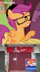 Size: 575x1036 | Tagged: safe, derpibooru import, scootaloo, pegasus, pony, adolf hitler, glasses, hitler fried chicken, holocaust joke, judaism, kfc, pepsi, scootabuse, scootachicken, scootajew, thai, wat, we are going to heil, we are going to hell