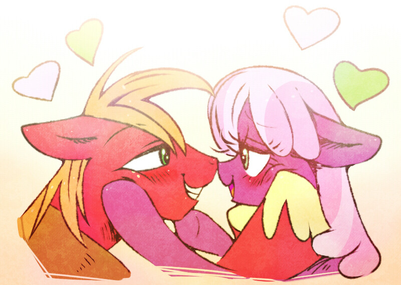 Size: 800x568 | Tagged: safe, artist:nmnkgskds, derpibooru import, big macintosh, cheerilee, earth pony, pony, blushing, cheerimac, heart, male, pixiv, shipping, stallion, straight