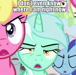 Size: 547x544 | Tagged: safe, derpibooru import, edit, edited screencap, screencap, cherry berry, lyra heartstrings, merry may, minuette, neon lights, rising star, unicorn, the super speedy cider squeezy 6000, blue hair, green hair, highra, horn, image macro, tail