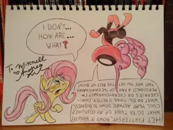 Size: 2592x1936 | Tagged: dead source, safe, artist:nocturnalmeteor, derpibooru import, fluttershy, pinkie pie, earth pony, pegasus, pony, andrea libman, autograph, confused, confusion, cosplay, crossover, deadpool, dialogue, female, how, in which pinkie pie forgets how to gravity, mare, pinkie being pinkie, pinkie physics, pinkiepool, speech bubble, spidermare, superhero, traditional art, voice actor joke