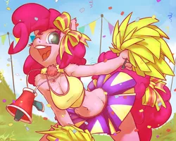 Size: 1200x960 | Tagged: adorasexy, anthro, armpits, artist:atryl, belly button, breasts, busty pinkie pie, cheerleader, cheerleader pinkie, chest fluff, cleavage, clothes, confetti, cute, derpibooru import, diapinkes, female, happy, looking at you, megaphone, midriff, pinkie pie, rainbow falls, saggy, scene interpretation, sexy, skirt, smiling, solo, solo female, suggestive, wink