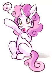 Size: 600x840 | Tagged: dead source, safe, artist:ghostier, derpibooru import, sweetie belle, pony, unicorn, blank flank, cute, diasweetes, female, filly, music notes, open mouth, pictogram, simple background, sitting, solo, speech bubble, white background