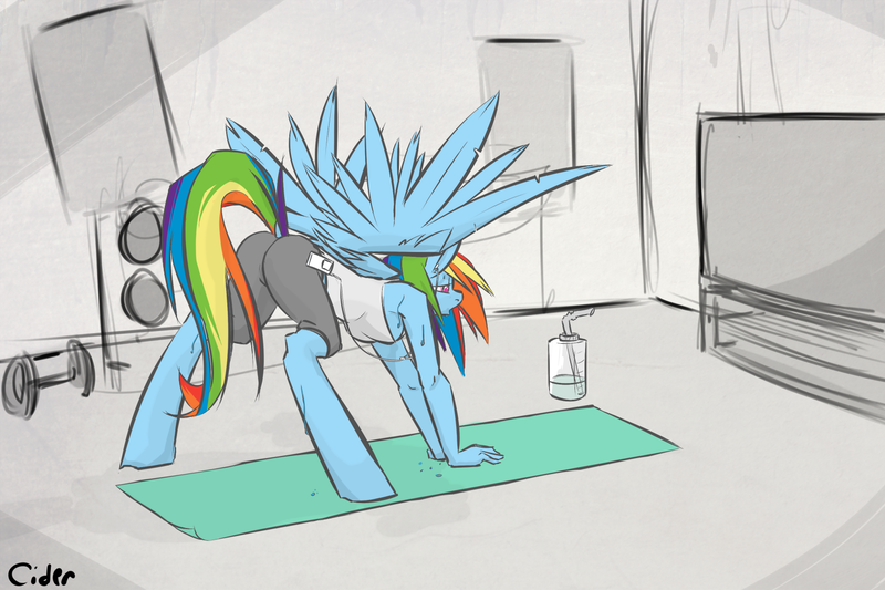 Size: 1500x1000 | Tagged: anthro, artist:cider, ass, breasts, derpibooru import, downward dog, earbuds, exercise sheet, female, mp3 player, rainbow dash, sideboob, solo, solo female, spread wings, suggestive, sweat, underboob, unguligrade anthro, water bottle, yoga