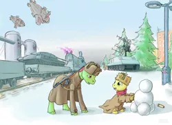 Size: 1100x798 | Tagged: safe, artist:adeptus-monitus, derpibooru import, oc, unofficial characters only, earth pony, pony, airship, armored train, colt, command and conquer, crossover, male, military, snowman, snowpony, stallion, tank (vehicle), train, unshorn fetlocks