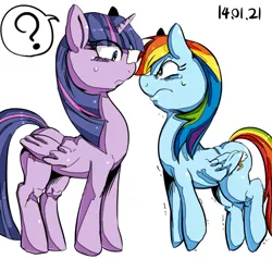 Size: 600x572 | Tagged: safe, artist:nekubi, derpibooru import, rainbow dash, twilight sparkle, twilight sparkle (alicorn), alicorn, pony, balancing, confused, crying, eye contact, female, frown, glare, height difference, mare, question mark, shivering, tiptoe