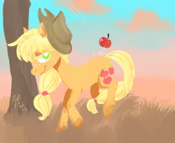 Size: 1222x1000 | Tagged: apple, apple/apples falling, applejack, artist:puffpink, derpibooru import, safe, solo, tree