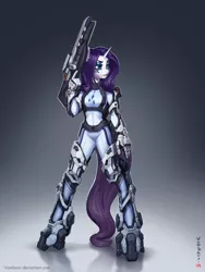 Size: 3000x4000 | Tagged: anthro, armor, artist:vombavr, badass, dead source, derpibooru import, gun, powered exoskeleton, rarity, rifle, safe, science fiction, solo, tribes ascend, trigger discipline, unguligrade anthro, vanquish, weapon