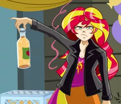 Size: 963x829 | Tagged: safe, artist:frankaraya, derpibooru import, sunset shimmer, equestria girls, apple cider, biker jacket, bottle, scene interpretation, solo