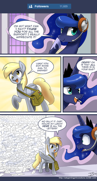 Size: 3600x6720 | Tagged: safe, artist:johnjoseco, derpibooru import, derpy hooves, princess luna, pegasus, pony, ask gaming princess luna, gamer luna, ask, bag, comic, couple, delivery, dialogue, female, funny, headphones, lesbian, letter, lunaderp, mare, pile, postmare, saddle bag, shipping, tumblr