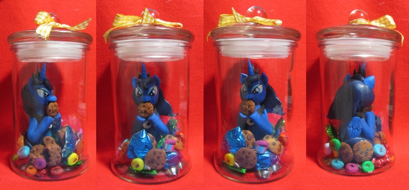 Size: 1280x596 | Tagged: safe, artist:atelok, derpibooru import, princess luna, cookie, craft, food, jar, photo, pony in a bottle