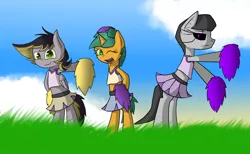 Size: 1280x789 | Tagged: safe, artist:mechashockwave, derpibooru import, octavia melody, snails, oc, oc:aero, pegasus, pony, robot, robot pony, semi-anthro, ask-robot-octavia, bipedal, cheerleader, clothes, colt, crossdressing, cute, glitter shell, grass, looking at you, male, midriff, offspring, open mouth, parent:derpy hooves, parent:oc:warden, parents:canon x oc, parents:warderp, pom pom, roboticization, skirt, smiling, wink