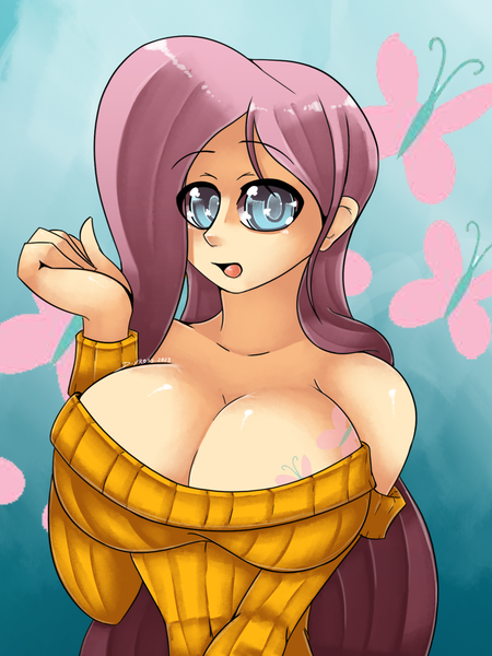 Size: 900x1200 | Tagged: artist:d-xross, big breasts, boobie mark, breasts, busty fluttershy, cleavage, clothes, cutie mark, derpibooru import, female, fluttershy, huge breasts, human, humanized, impossibly large breasts, light skin, off shoulder, open mouth, solo, solo female, suggestive, sweater, sweatershy